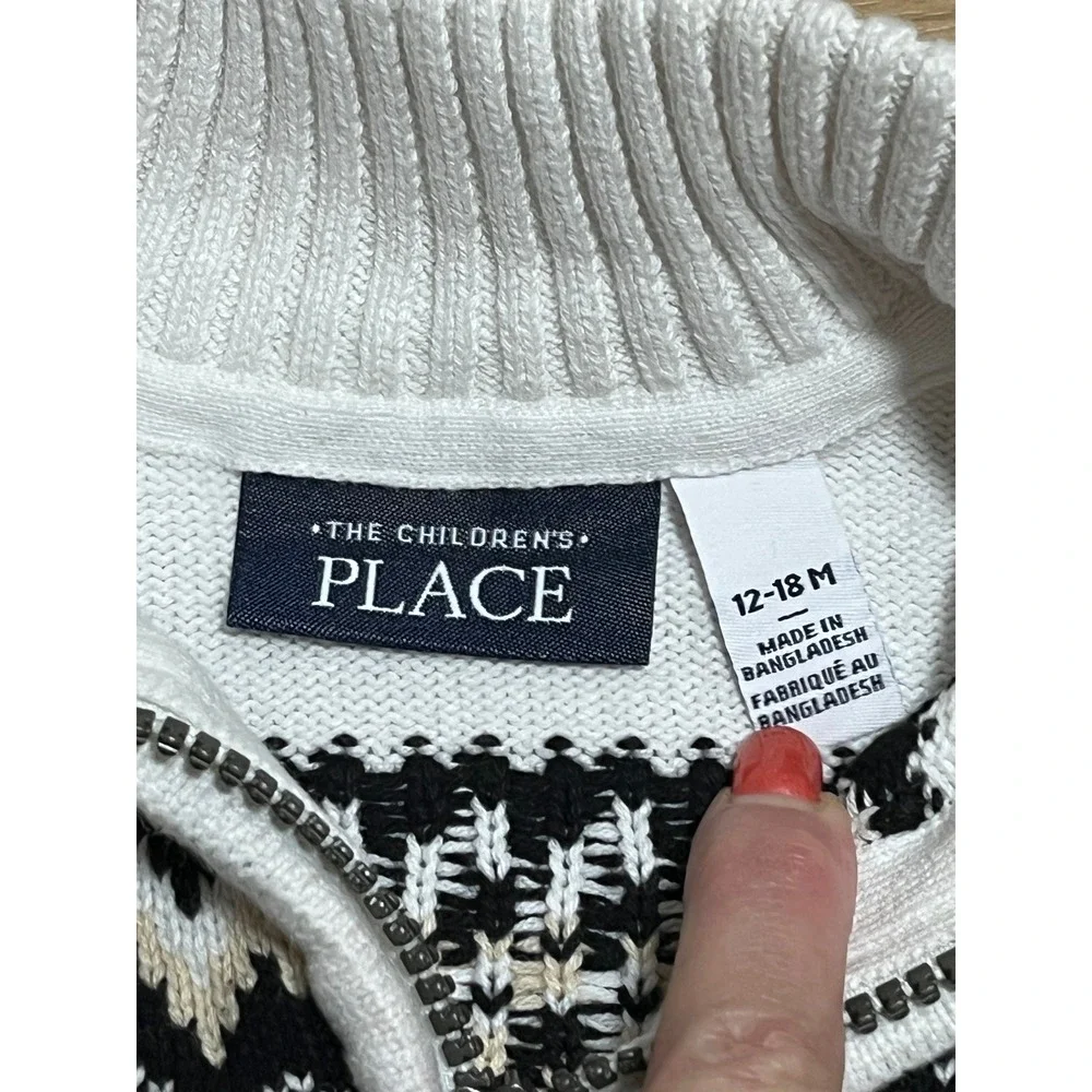 The Children's Place Sweater Boys 12-18M Black White Fair Isle Quarter Zip Knit